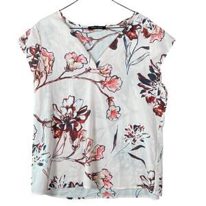 Ivanka Trump Women Blouse Pink Multi Floral V Neck Short Sleeve Sheer Large